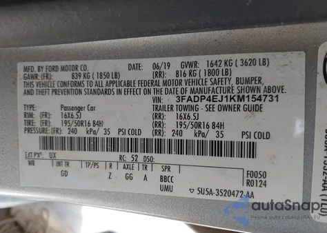 2019 Ford Fiesta Se z USA, uszkodzony, nr VIN 3FADP4EJ1KM154731